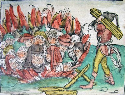 Juutalaisten polttaminen Deggendorfissa vuonna 1338 Schedels Chronicle of the World -kirjasta, 1493. tekijältä Michael Wolgemut