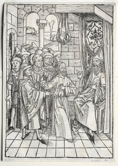 Aarteenvartija: Kristus ennen Kaifaa versoa, 1491. tekijältä Michael Wolgemut