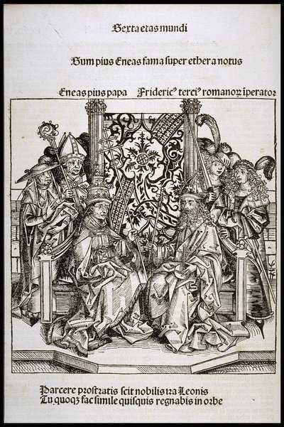 Paavi Pius II:n ja Saksan keisarin Fredrik III:n tapaaminen, noin 1493. tekijältä Michael Wolgemut
