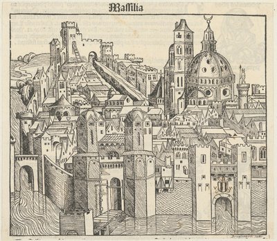 Phantasieansicht der Stadt Marseille [recto], drei Porträts (Phereades, Pythagoras und Sappho) [verso] tekijältä Michael Wolgemut