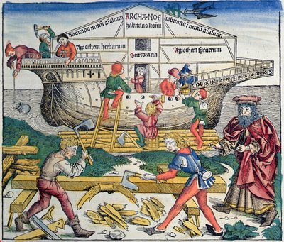 Nooan arkin rakennus, Hartmann Schedelin Nürnbergin kronikasta, 1493 (värillinen puupiirros) tekijältä Michael Wolgemut
