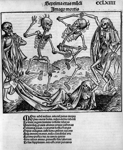 Macabre tanssikohtaus, luurankoineen, Hartmann Schedelin (1440-1514) "" Nürnbergin aikakirjassa"", toimittanut Nürnbergissä Anton Koberger, 12. heinäkuuta tekijältä Michael and Pleydenwurff W. (d.1494) Wolgemuth
