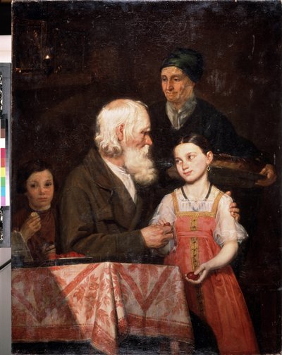 Pääsiäinen. Vanha mies antaa punaiseksi värjättyjä munia tyttärentytärlleen, isoäiti tuo perinteisen pääsiäisbrossin. Michail Andreevich Mokhovin (1819-1903) maalaus öljy kankaalle tekijältä Michail Andreevich Mokhov