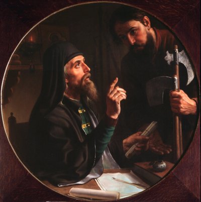 Pyhän Kolminaisuuden laakeripuun higoumeeni (hegoumeeni) Dionysius Zobninovsky esittelee kirkollisen teon (Lavran Hegumen Dionysius Zobninovsky esittelee kirkollisen teon) - Mihail Ivanovitš Skottin maalaus (18). tekijältä Michail Ivanovich Skotti