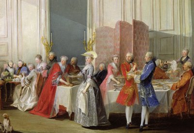 Englantilaista teetä Salon des Quatre Glacesissa Prinssi de Contin talossa (1717-76) Palais du Temple, yksityiskohta vieraista, 1766 tekijältä Michel Barthelemy Ollivier or Olivier