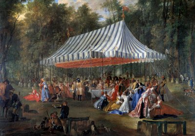 Contin prinssin Louis Francois Joseph de Bourbonin juhlat perinnölliselle prinssille Charles Guillaume Ferdinandille Brunswick Luebourgista (1735-1806) teltan alla Cassanin metsässä Adamin saarella vuonna 1766 Juhla puistossa. Michel Ba:n maalaus tekijältä Michel Barthelemy Ollivier or Olivier