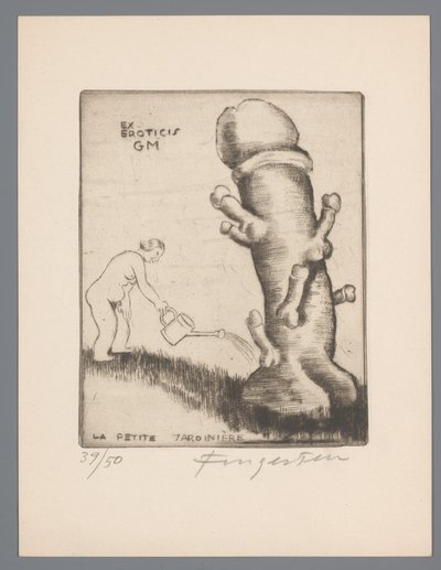 Ex libris Gianni Manterosta Ex eroticis GM (otsikko esineessä) La petite jardinière (otsikko esineessä) tekijältä Michel Fingesten (signed by artist)