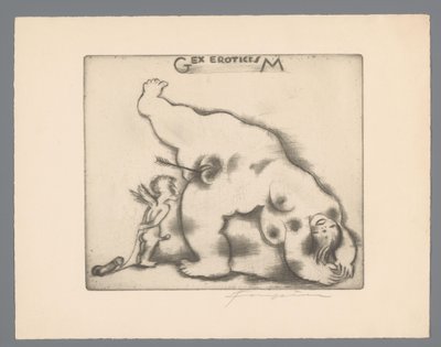 Ex libris Gianni Manterosta Gex eroticisM (otsikko esineessä) tekijältä Michel Fingesten (signed by artist)