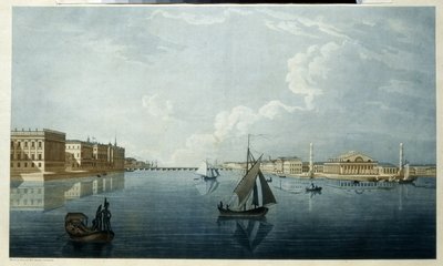 Pörssi ja Marmoripalatsi Pietarissa. Kuvaus Nevan rannoista. Michel Francois Damam Demartraitin (1763-1827) teos, litografia, ympäristö tekijältä Michel Francois Damam Demartrait