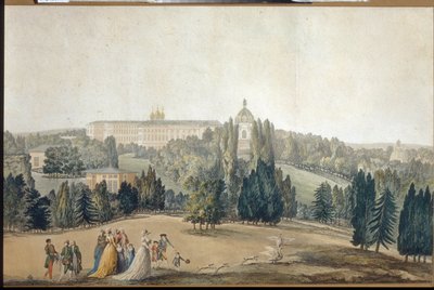 Näkymä Tsarkoye Seloon (Pietari). Keisarinna Katariina II:n (1729-1796) kävelykatu. (Näkymä Tsarkoye Selosta. Keisarinna Katariina II kävelemässä). Michel Francois Damam Demartraitin (1763-1827) teos, kaiverrus ja akvarelli. Ranskalainen taide tekijältä Michel Francois Damam Demartrait