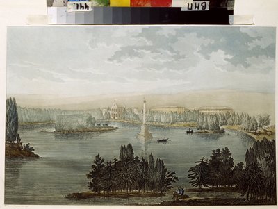 Näkymä Tsarskoje Selolle. Chesme-kolumni. (Näkymä Tsarskoje Selosta. Chesme-pylväs). Michel Francois Damam Damartraitin (1763-1827) teos, akvarellivärinen kaiverrus tekijältä Michel Francois Damam Demartrait