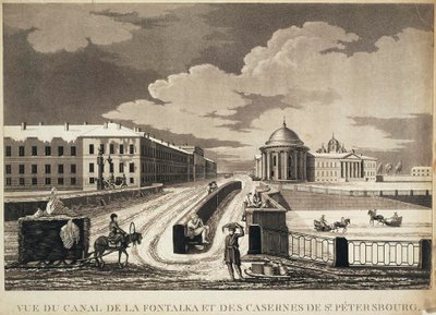 Näkymä Izmailovskin sillalle ja kasarmille Fontanka-joen yli, 1700-luvun loppu. tekijältä Michel François Damame Demartrais