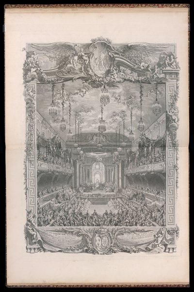 Versaillesin suuren tallin katettuun ratsastuskouluun rakennetun auditorion koristelu Navarran prinsessan komediabaletin esitykseen, joka annettiin ranskalaisen Louis Dauphinin ja Marie Thérèse Infante d:n avioliiton yhteydessä. tekijältä Michel de Bonneval