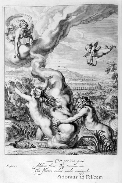 Arethusa, jota Alfeus jahtaa ja muuttui suihkulähteeksi, 1655 tekijältä Michel de Marolles