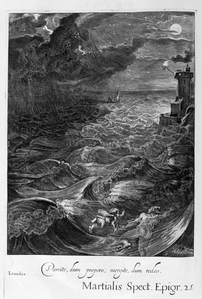 Leander ui Hellespontin yli tavatakseen rakastajatar sankarinsa, 1655 tekijältä Michel de Marolles