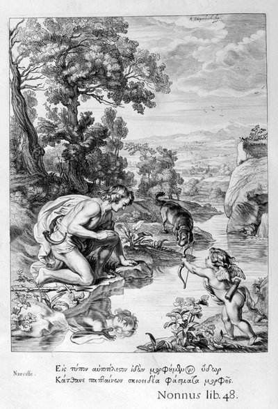 Narcissus rakastunut omaan heijastukseensa, 1655 tekijältä Michel de Marolles