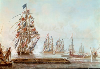 Laiturisiipi, juhlat Toulonissa Comte de Provencelle heinäkuussa 1777 Toulon Gouachen satamassa Michel Joseph dit Michel de Toulonin toimesta (toimii vuosina 1777-1792) 1777. Versailles, linnamuseo tekijältä Michel de Toulon