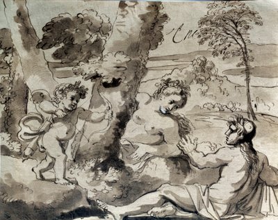 Rakkaus, paimen ja nymfi. Piirustus Michel Corneille (1642-1708) tekijältä Michel des Gobelins Corneille