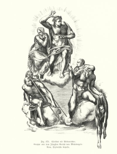 Tuomari Kristus, yksityiskohta Michelangelon viimeisestä tuomiosta, maalaus Sikstuksen kappelin alttariseinällä, Pietarinkirkko, Rooma, Italia (kaiverrus) tekijältä Michelangelo (after) Buonarroti