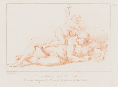 Simson ja Delilah (etsaus) tekijältä Michelangelo (after) Buonarroti