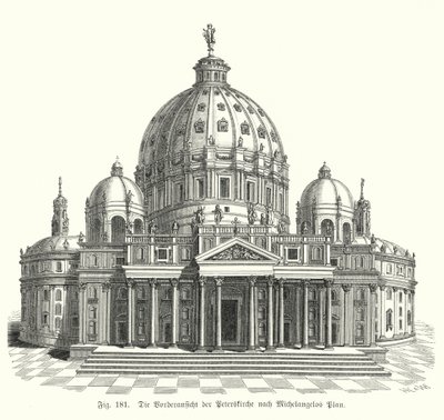 Näkymä Michelangelon suunnitelmasta Pietarinkirkon julkisivulle, Rooma, Italia (kaiverrus) tekijältä Michelangelo (after) Buonarroti
