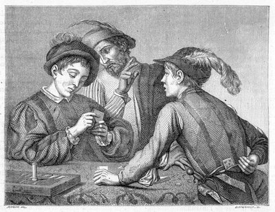 Huijarit. 1800-luvun kaiverrus, joka kuvaa Caravaggion (il Caravaggio) työtä noin 1596. tekijältä Michelangelo (after) Caravaggio