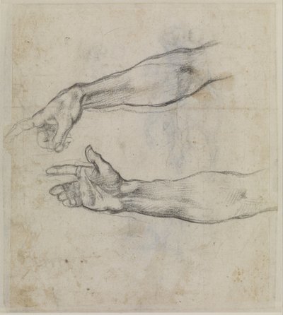 Sikstuksen kappelin freskon "Nooan juopumus" ojennetun käden tutkimuksia varten. tekijältä Michelangelo