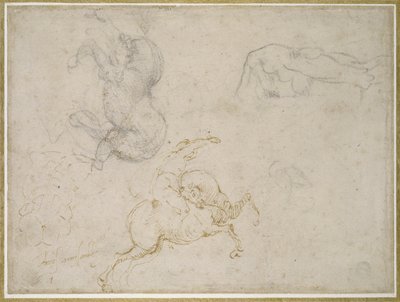 Horsemanin lataus ja muut tutkimukset (kynä ja ruskea muste mustalla liidulla ja sen päällä luonnonvalkoiselle paperille) tekijältä Michelangelo Buonarroti