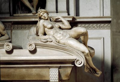 Auroran allegoria. Mediciksen Laurent II:n hauta. Marmoriveistos 1531 tekijältä Michelangelo Buonarroti