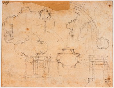 Sforzan kappelin rakennussuunnitelmat, korkeusnäkymät ja kupolin luonnokset. tekijältä Michelangelo Buonarroti