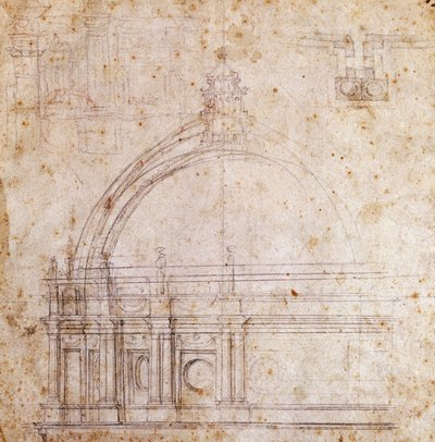Suunnittelupiirustukset Vatikaanin Pietarinkirkon kupoliin, suunnittelija Michelangelo (1475-1564), Italia tekijältä Michelangelo Buonarroti