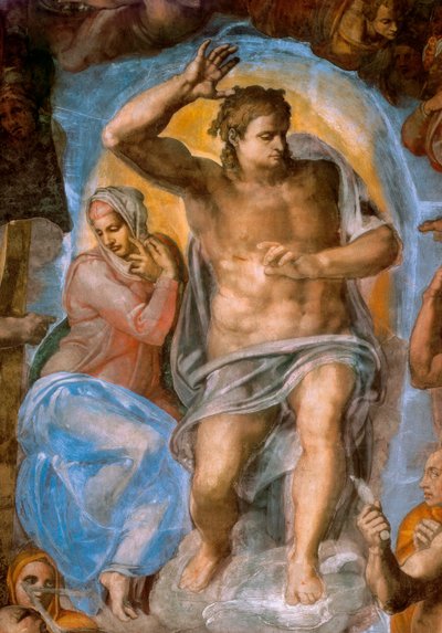 Yksityiskohta viimeisestä tuomiosta: Kristus tuomarit. Michelangelo Buonarrotin fresko, joka tunnetaan nimellä Michelangelo (Michelangelo tai Michelangelo tekijältä Michelangelo Buonarroti