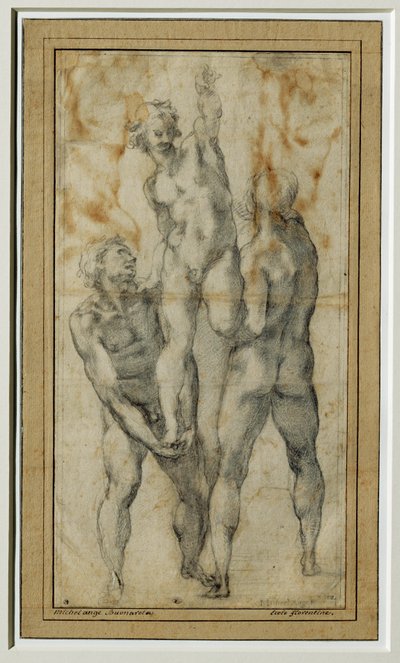 Kaksi alastonta miestä nostamassa kolmatta, n. 1502-06 ... tekijältä Michelangelo Buonarroti