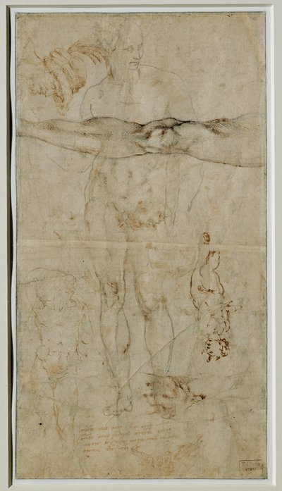 Erilaisia hahmoja koskevia tutkimuksia, Petrarcan sonettiin perustuva kirjoitus, noin 1506 ... tekijältä Michelangelo Buonarroti