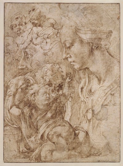 "Opiskelua pyhälle perheelle, jossa Johannes Kastaja lapsena" (Opiskelua pyhälle perheelle, jossa Johannes Kastaja lapsena) Piirustus Michelangelo Buonarroti (1475-1564) - 1505 - Kynä, sivellin, intialainen muste paperille Dim 28, 7x20 .9 cm Staatliche Mus tekijältä Michelangelo Buonarroti