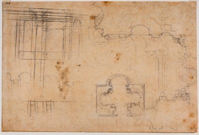 Sforzan kappelin pohjapiirros ja arkkitehtoniset korkeusasemat tekijältä Michelangelo Buonarroti