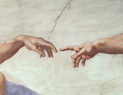Jumalan ja Adamin kädet, yksityiskohta Adamin luomisesta, Sikstuksen katosta, 1511 (ennen restaurointia) tekijältä Michelangelo Buonarroti
