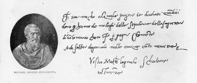 Michelangelo Buonarrotin käsiala ja allekirjoitus (kynä ja muste paperille) tekijältä Michelangelo Buonarroti