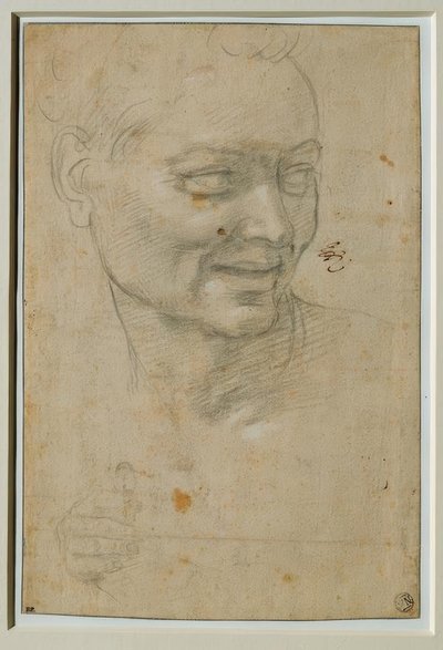 Ignudon pää ja oikea käsi Jesajan yläpuolella ja vasemmalla puolella tekijältä Michelangelo Buonarroti