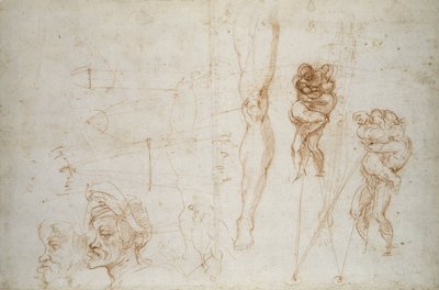 Hercules ja Antaeus ja muut tutkimukset, n. 1525-28 (liitu paperille) tekijältä Michelangelo Buonarroti