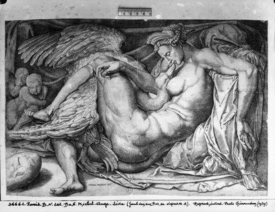 Leda, kaiverrus Jacobus Bos, Boss tai Bossius (b.c.1520) tekijältä Michelangelo Buonarroti