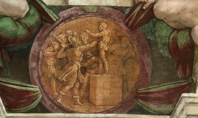 Medaljonki edustaa Baalin jumalapatsaan tuhoa..., 1508-1512. tekijältä Michelangelo Buonarroti