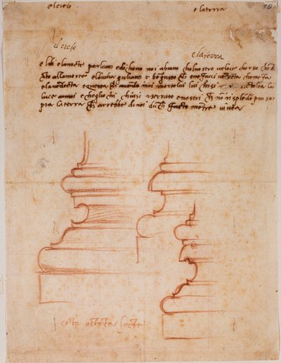 Uuden sakastin pylväsjalustat, käsinkirjoitetut merkinnät. tekijältä Michelangelo Buonarroti