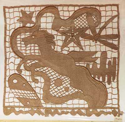 Näyte neulapitsistä ja verhojen sisäosista, kuvioita piirretty taiteilija Giulio Rosson työstä, Michelangelo Jesurum Manufacture tekijältä Michelangelo Buonarroti