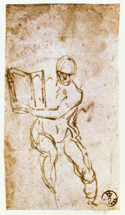 Sikstuksen kappelin katto (1508-12): luonnos yhdelle profeetoista (kynä ja ruskea muste) tekijältä Michelangelo Buonarroti