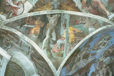 Sikstuksen kappelin katto: Haman (spandrel) (ennen restaurointi) tekijältä Michelangelo Buonarroti