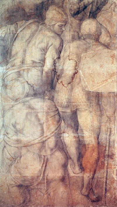 Sotilaat, Michelangelo (1475-1564), valmisteleva sarjakuva (alamaalaus) Pietarin ristiinnaulitsemisen freskolle Vatikaanin palatsin Paavalin kappelissa tekijältä Michelangelo Buonarroti
