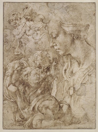 Tutkimuksia pyhälle perheelle, jossa Johannes Kastaja lapsena, 1505 tekijältä Michelangelo Buonarroti