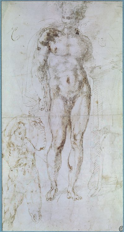 Tutkimus Apollolle (entinen Mercury), joka seisoo alasti viitta harteillaan ja mieshahmo, joka kantaa taakkaa tekijältä Michelangelo Buonarroti