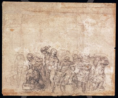 Selostuskohtauksen hahmojen tutkimus (musta liitu paperille) (käänteinen) (katso suoraan 191777) (katso myös 191767) tekijältä Michelangelo Buonarroti